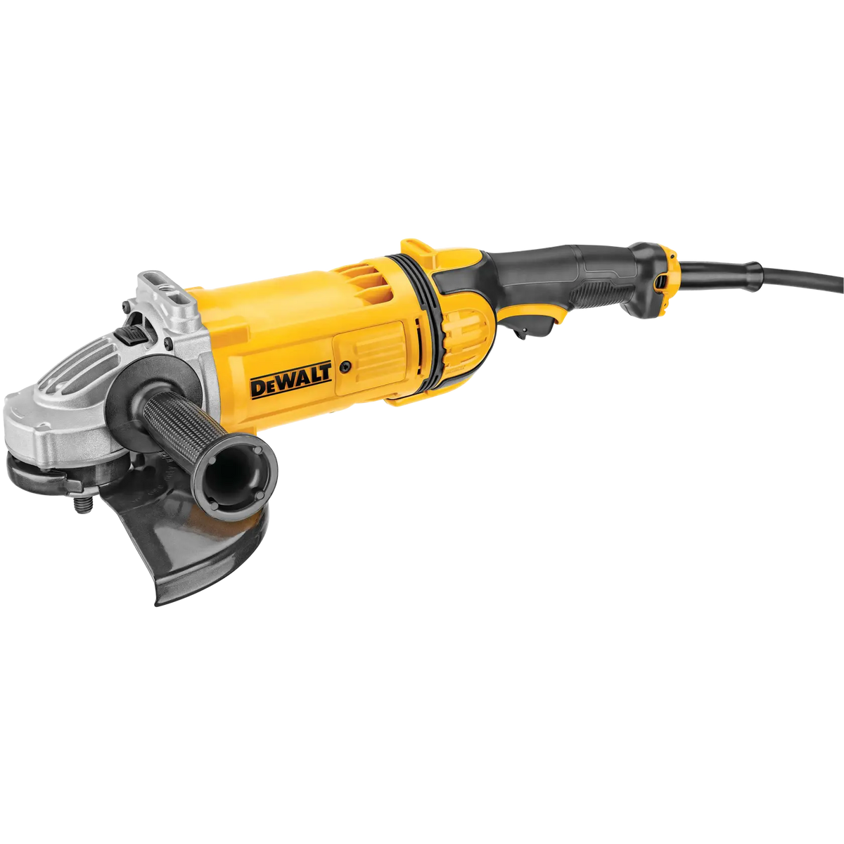 A studio product view of the DEWALT DWE4559N 9-inch high-power angle grinder. The image displays the heavy-duty corded tool from a three-quarter perspective, highlighting the yellow motor housing, the 9-inch black protective guard, and the ergonomic rear trigger handle designed for industrial material removal.