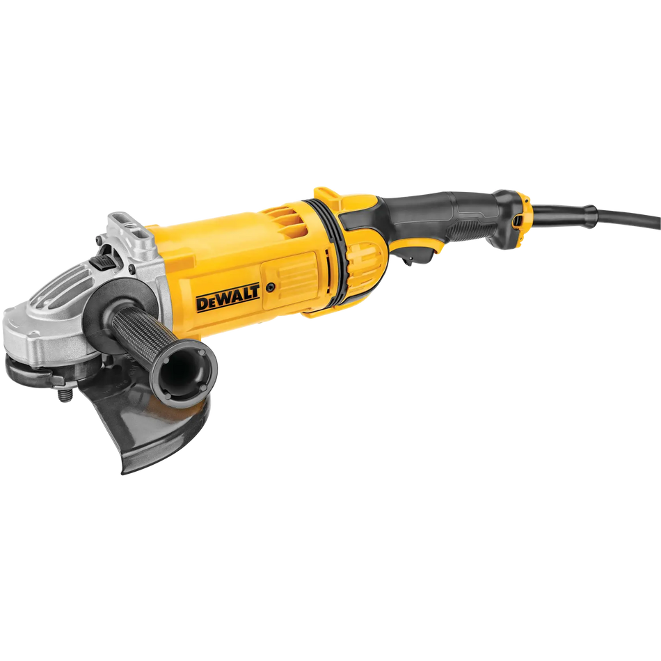 A studio product view of the DEWALT DWE4559N 9-inch high-power angle grinder. The image displays the heavy-duty corded tool from a three-quarter perspective, highlighting the yellow motor housing, the 9-inch black protective guard, and the ergonomic rear trigger handle designed for industrial material removal.