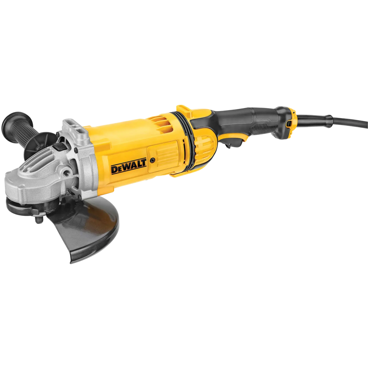 A side profile photograph of the DEWALT DWE4559N 4.7 HP angle grinder. This view showcases the long, streamlined design of the tool, featuring the anti-vibe trigger handle, the side-mounted auxiliary handle for added control, and the large air intake vents for the integrated Dust Ejection System.