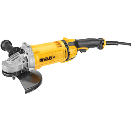 A side profile photograph of the DEWALT DWE4559N 4.7 HP angle grinder. This view showcases the long, streamlined design of the tool, featuring the anti-vibe trigger handle, the side-mounted auxiliary handle for added control, and the large air intake vents for the integrated Dust Ejection System.