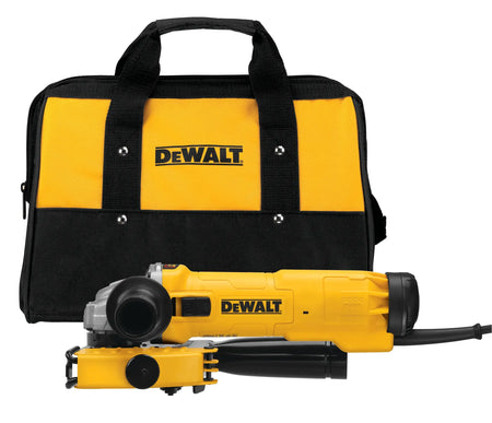 The DEWALT DWE46103 6-Inch Corded Angle Grinder kit featuring the high-performance motor unit with an attached tuckpoint cutting shroud and a heavy-duty yellow and black DEWALT contractor tool bag for storage and transport.