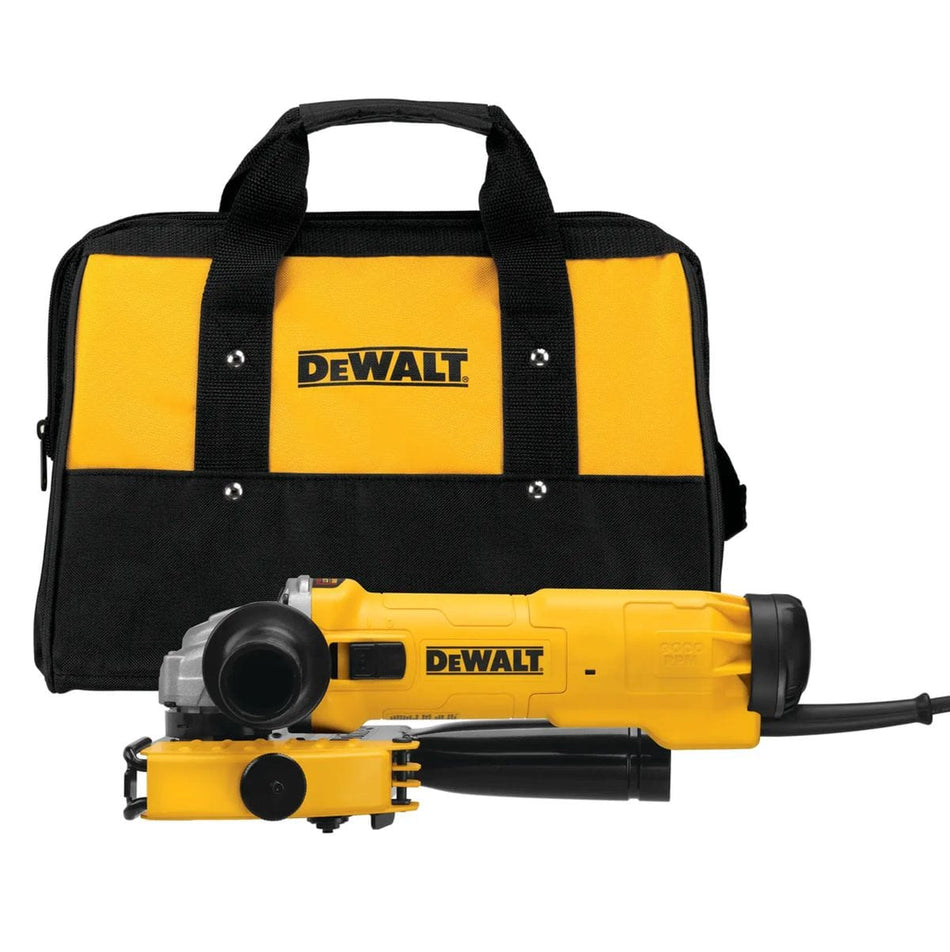 The DEWALT DWE46103 6-Inch Corded Angle Grinder kit featuring the high-performance motor unit with an attached tuckpoint cutting shroud and a heavy-duty yellow and black DEWALT contractor tool bag for storage and transport.
