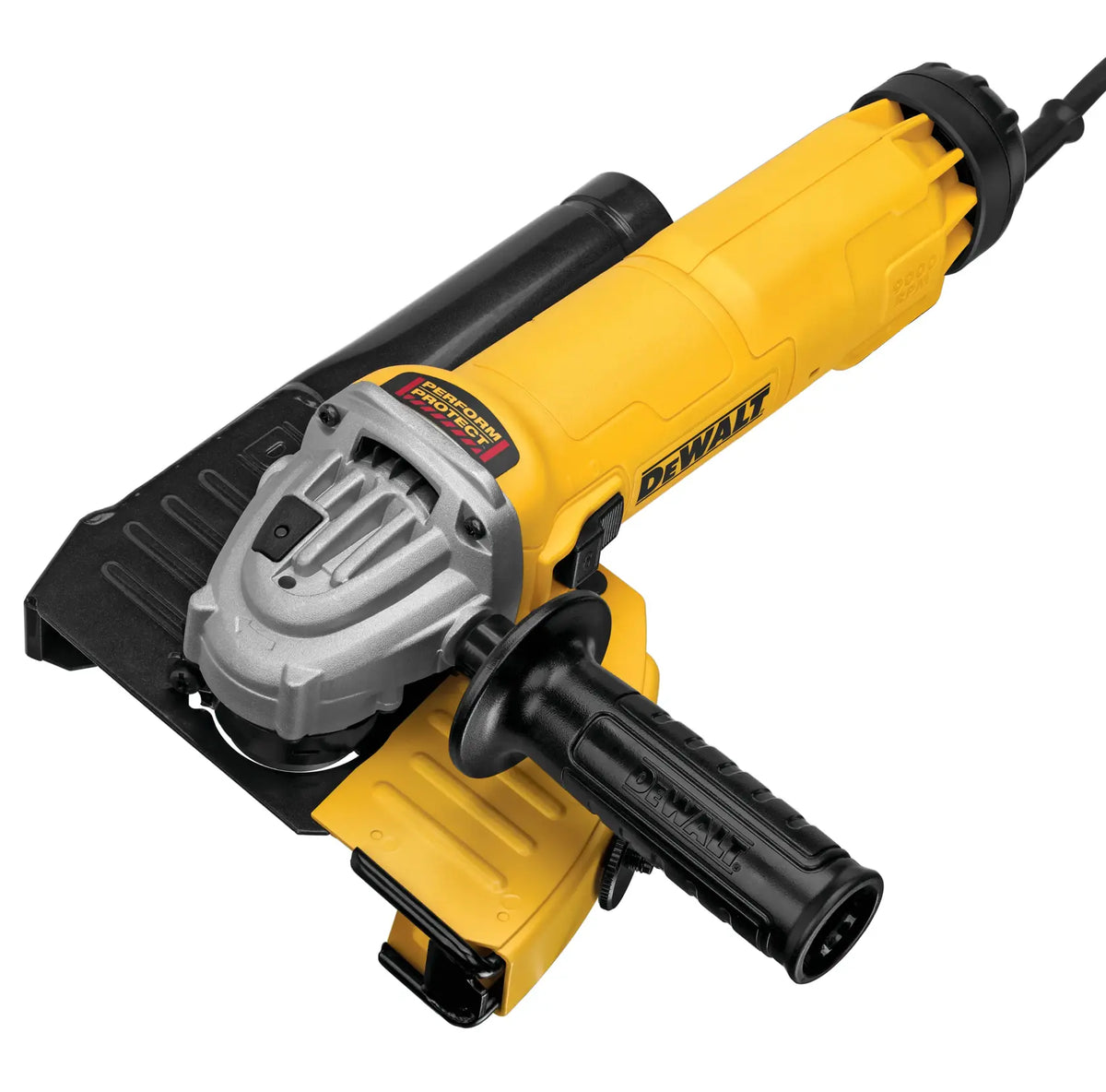 Angle view of the DEWALT DWE46103 13 Amp Angle Grinder showcasing the Perform and Protect E-Clutch system, a side handle for stable control, and the specialized dust shroud designed for clean tuckpointing and masonry cutting.