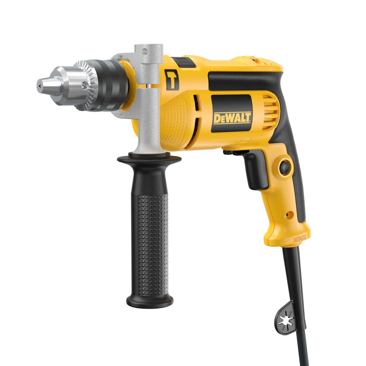 Perspective studio shot of the DEWALT DWE5010 1/2 Inch Hammer Drill featuring the 7.0 Amp motor housing, textured side handle, and keyed chuck for professional masonry and wood drilling.