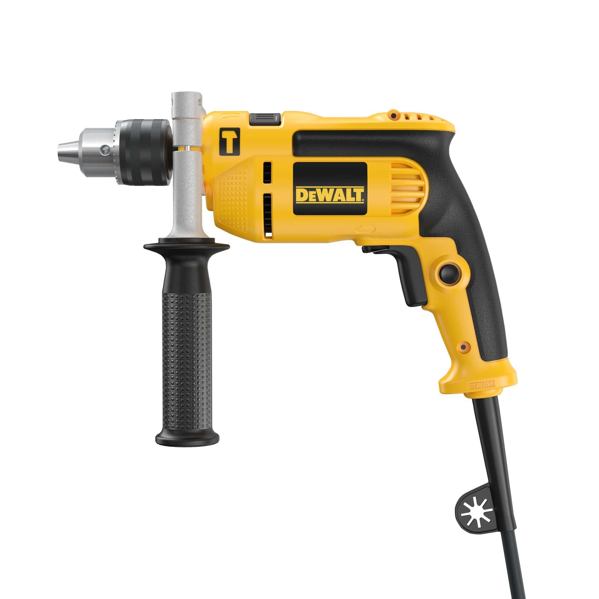 Side profile view of the DEWALT DWE5010 Hammer Drill showcasing the dual-mode switch for hammer and drill modes, ergonomic two-finger trigger, and the integrated chuck key holder.