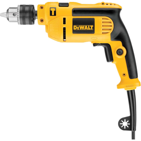 Right side view of the DEWALT corded hammer drill highlighting the high-visibility yellow housing, ventilation ports for the brushed motor, and the durable 360-degree locking side handle.