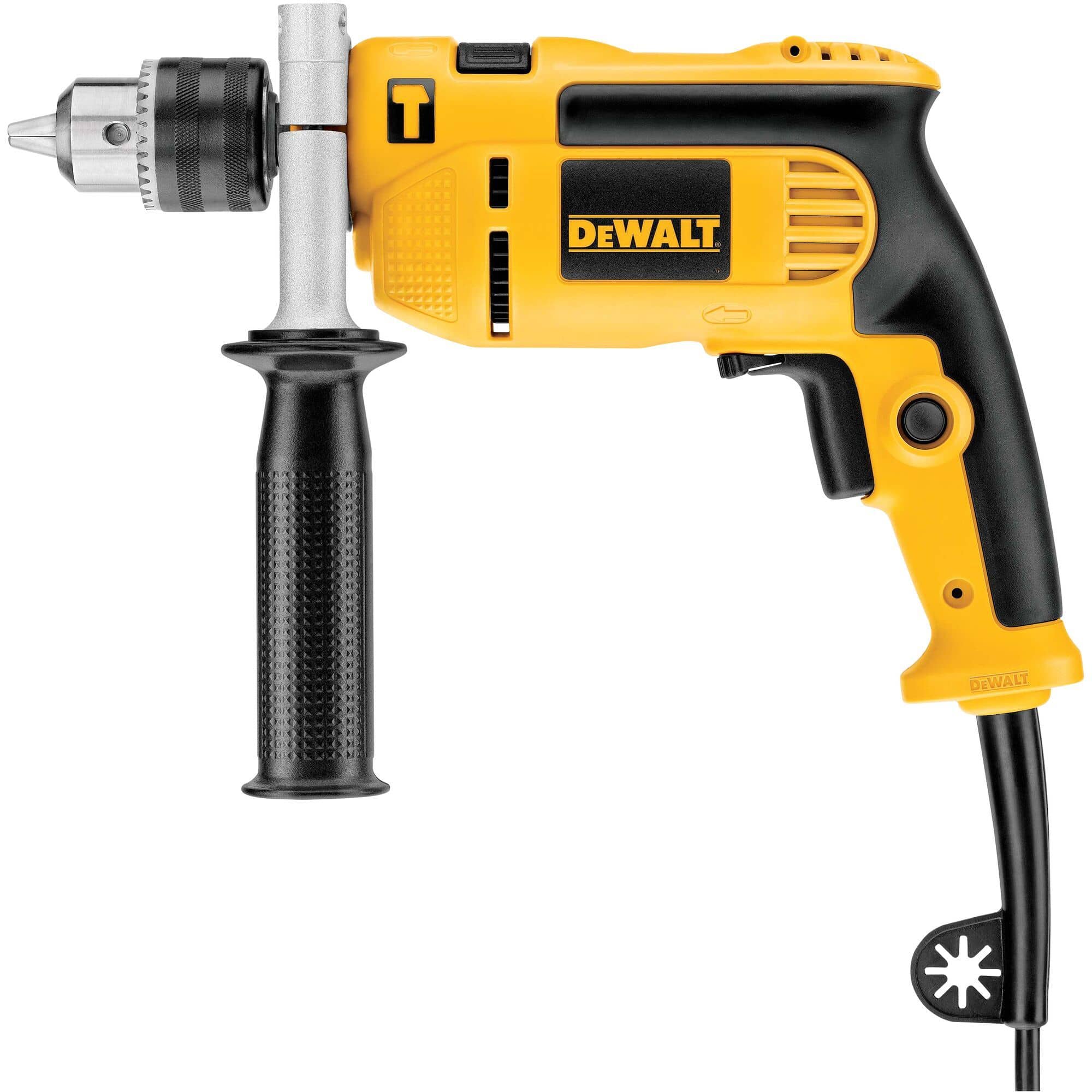 A straight side profile of the DEWALT DWE5010 1/2 inch drill emphasizing the compact 10.3 inch tool length and the integrated depth rod used for precision drilling in masonry and concrete.