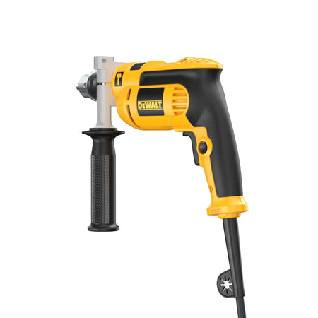 Isometric rear perspective of the DEWALT 7.0 Amp Hammer Drill, illustrating the balanced grip design and the heavy-duty power cord connection for reliable performance on the construction jobsite.