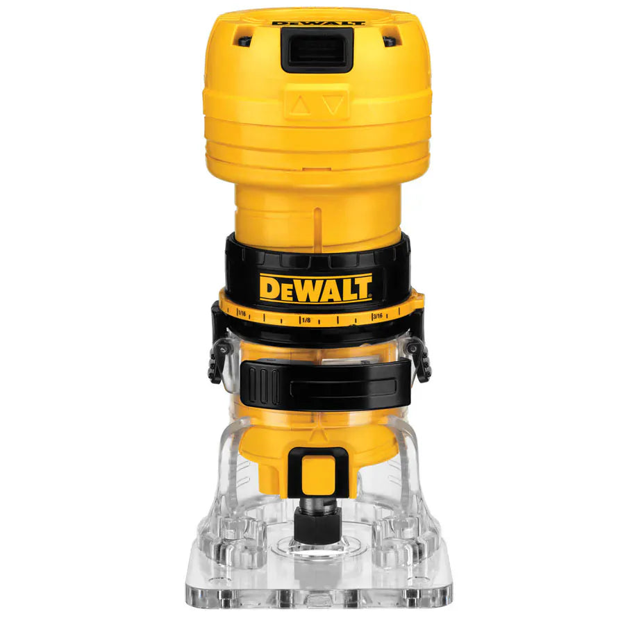 Front view of the DEWALT DWE6000 4.5 Amp Laminate Trimmer featuring its signature yellow motor housing, a clear fixed base for maximum visibility, and the precision depth adjustment ring for woodworking accuracy.