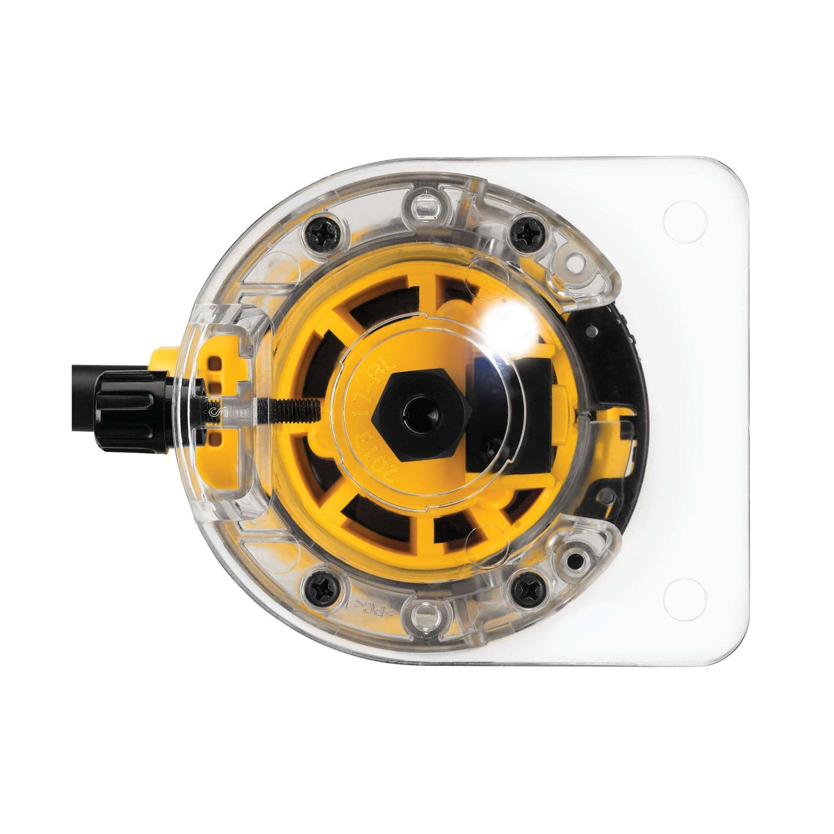Bottom-up view through the clear sub-base of the DEWALT DWE6000 Corded Router, showing the 1/4-inch collet and the integrated LED work light designed to illuminate the cutting path and eliminate guesswork.