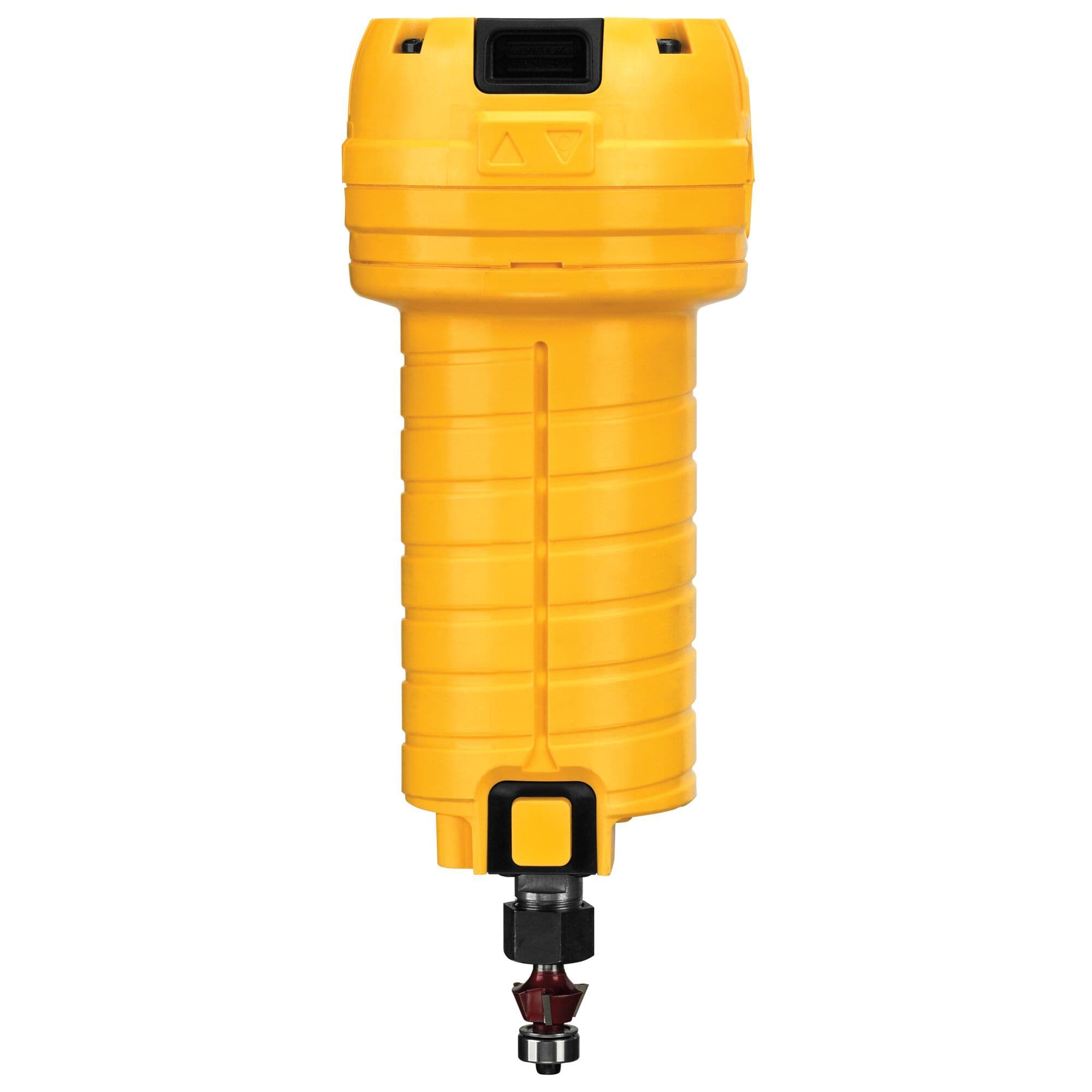 The DEWALT DWE6000 4.5 Amp motor unit shown without the base, featuring a 1/4-inch laminate trimming bit installed, emphasizing its compact 31,000 RPM power plant for small edge forming.