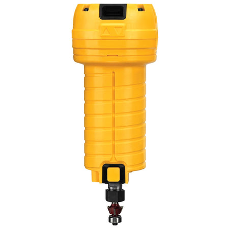 The DEWALT DWE6000 4.5 Amp motor unit shown without the base, featuring a 1/4-inch laminate trimming bit installed, emphasizing its compact 31,000 RPM power plant for small edge forming.