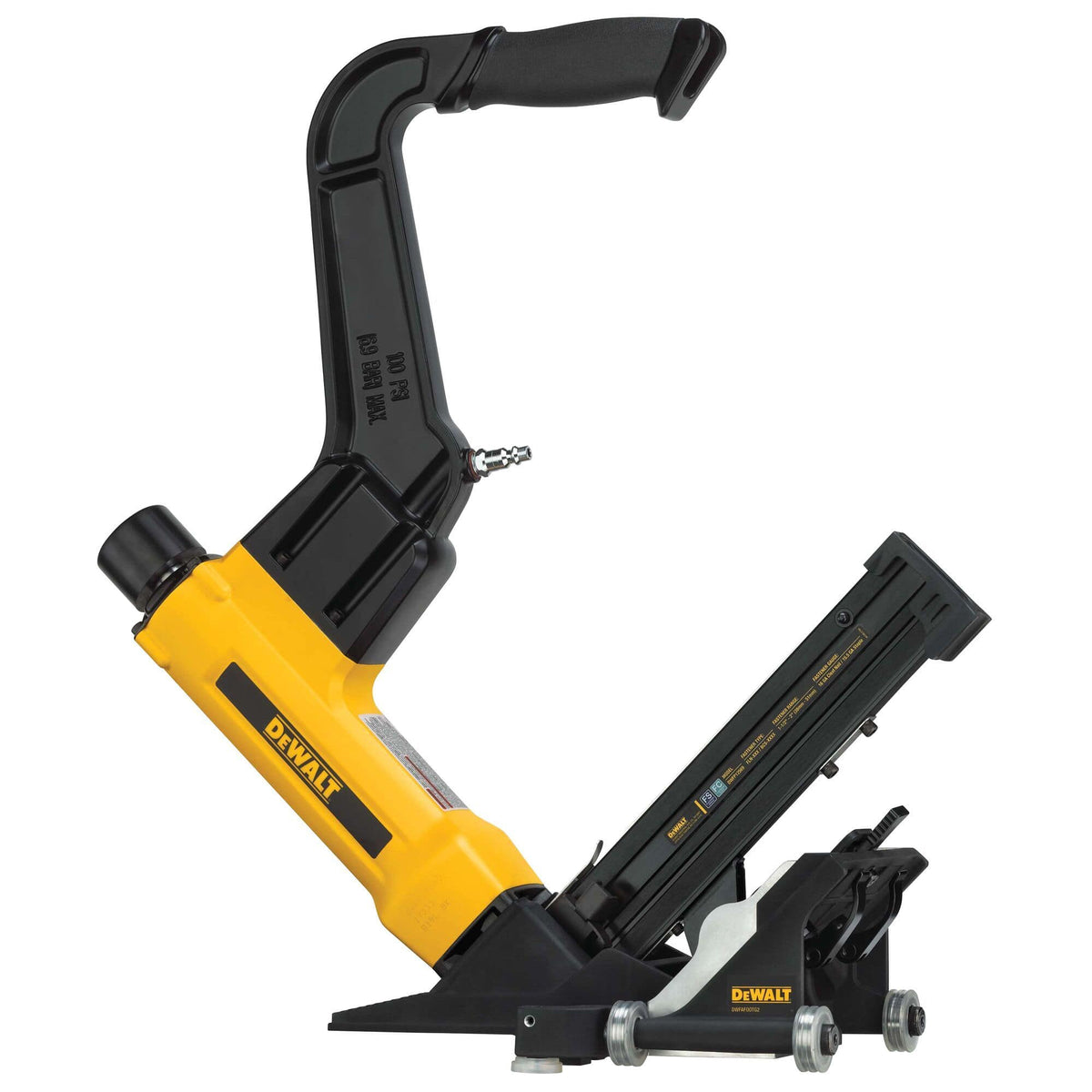 Left-side profile of the DEWALT DWFP12569 flooring nailer highlighting the integrated rolling base attachment, the ergonomic long handle, and the high-capacity magazine for 15.5-gauge staples and 16-gauge L-cleats.