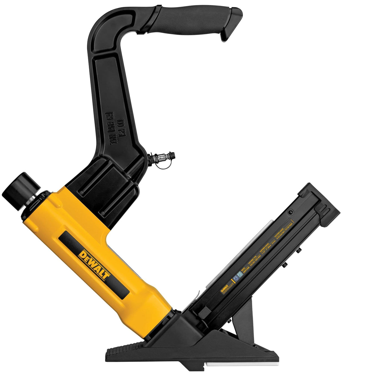 Right-side studio shot of the DEWALT pneumatic flooring tool featuring the rugged yellow motor housing, a black ergonomic handle with rubber grip, and a 1/4 inch air inlet designed for professional floor installation.