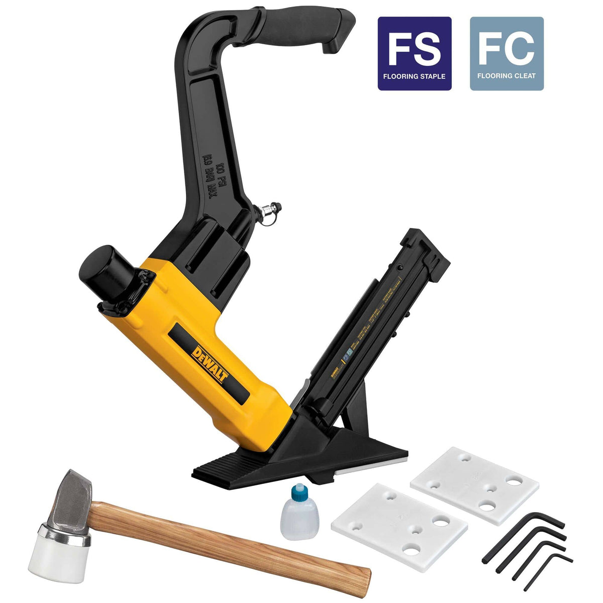 Marketing layout for the DEWALT DWFP12569 flooring kit identifying its dual-fastener capability with FS flooring staple and FC flooring cleat icons, including the mallet, oil, wrenches, and three non-marring base plates.