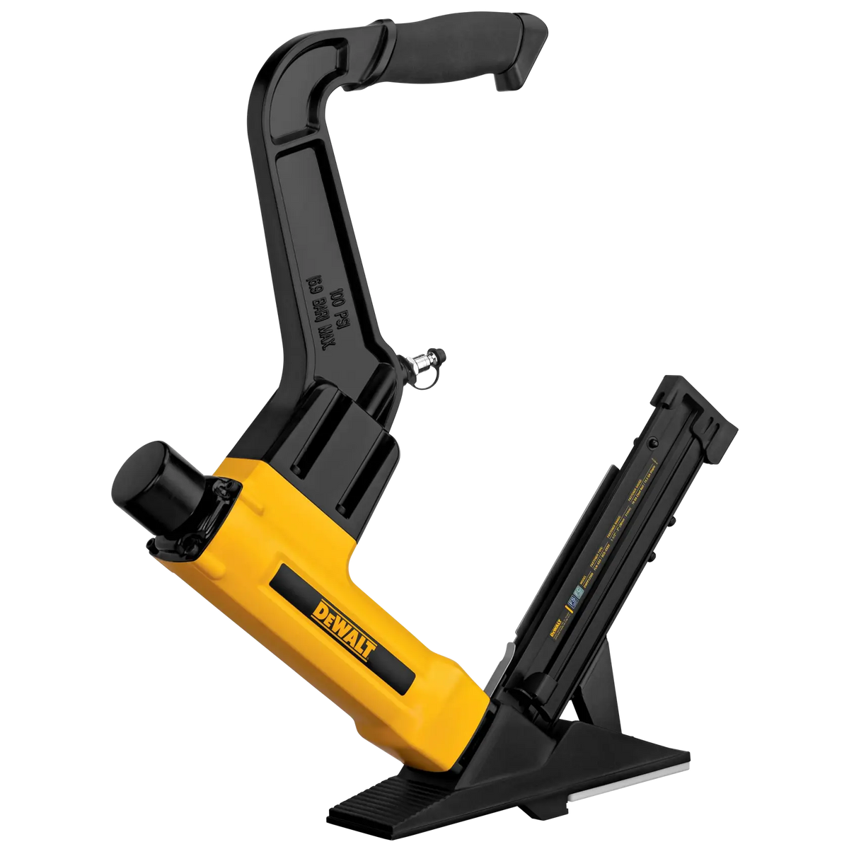 Perspective view of the DEWALT 2-in-1 flooring nailer and stapler emphasizing the mallet-actuated strike cap and the precision-angled magazine for gap-free hardwood floor alignment.