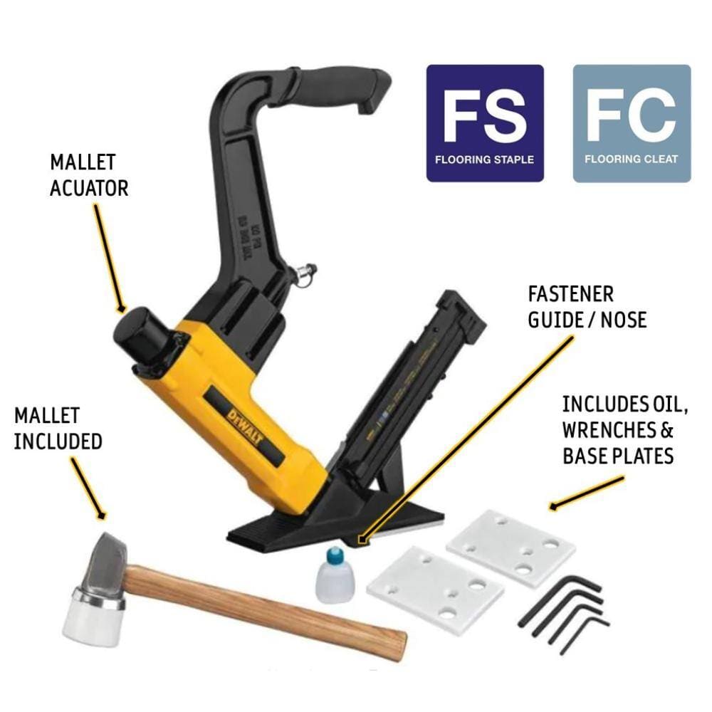 An infographic of the DEWALT DWFP12569 flooring tool with descriptive labels pointing to the mallet actuator, fastener guide nose, included flooring mallet, and the set of base plates, oil, and wrenches.