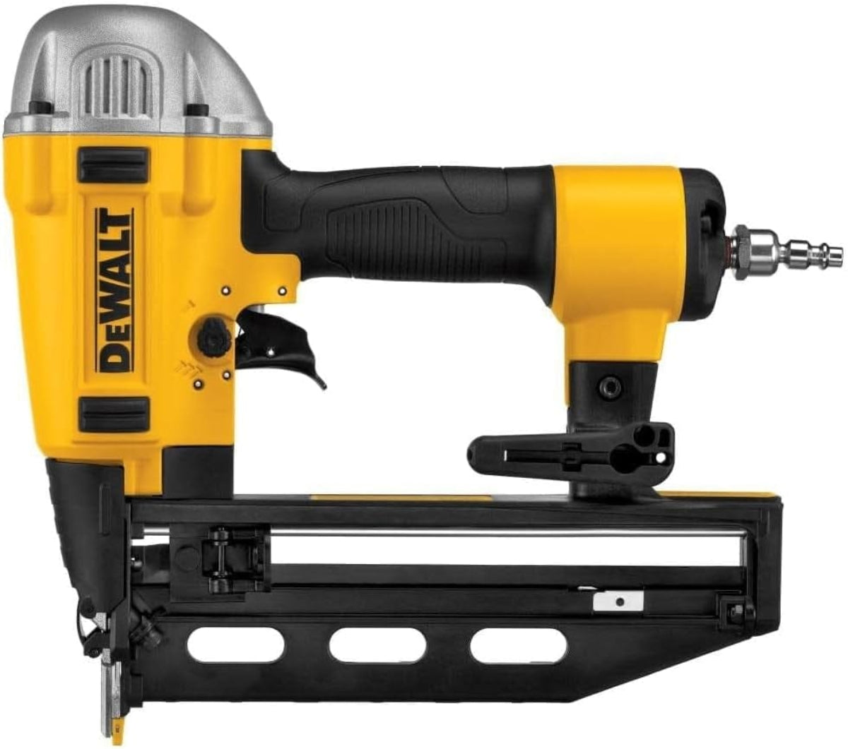 DEWALT DWFP71917 Precision Point 16‑gauge finish nailer shown in a close‑up product view, featuring the yellow and black pneumatic body, straight magazine, ergonomic grip, and air hose connector; highlights professional‑grade construction and no‑mar tip design for clean finish work