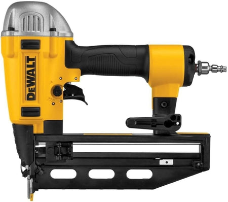 DEWALT DWFP71917 Precision Point 16‑gauge finish nailer shown in a close‑up product view, featuring the yellow and black pneumatic body, straight magazine, ergonomic grip, and air hose connector; highlights professional‑grade construction and no‑mar tip design for clean finish work