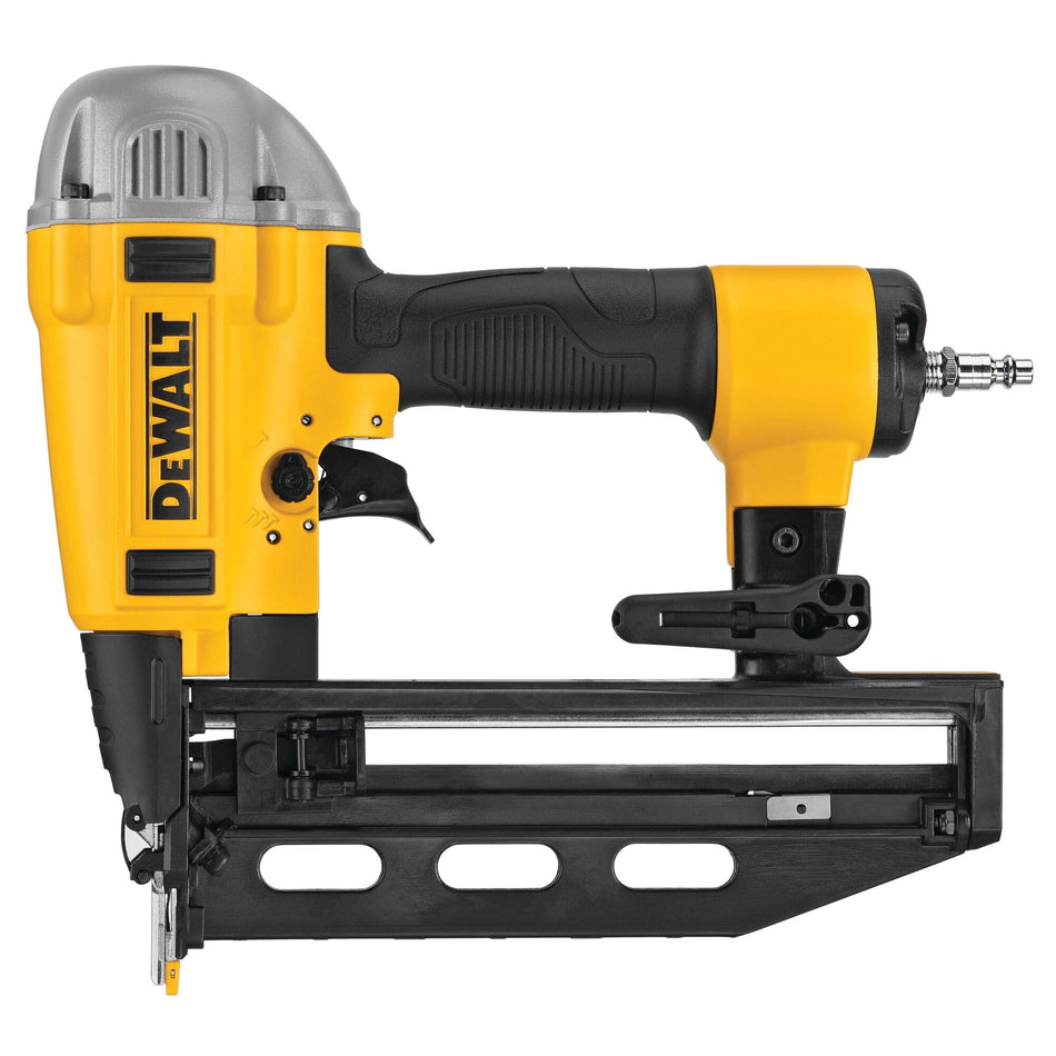DEWALT DWFP71917 Precision Point 16‑gauge finish nailer shown in a close‑up product view, featuring the yellow and black pneumatic body, straight magazine, ergonomic grip, and air hose connector; highlights professional‑grade construction and no‑mar tip design for clean finish work