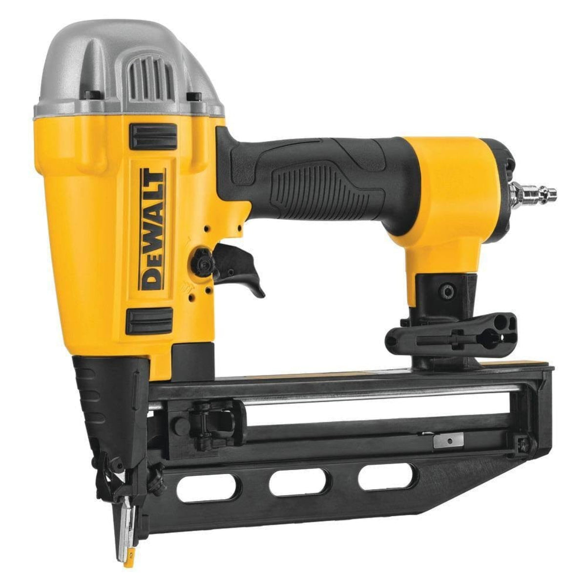 Side view of the DEWALT DWFP71917 pneumatic 16‑gauge finish nailer with straight magazine, showing the Precision Point nose, durable housing, and air‑powered connector designed for smooth, consistent fastening in trim and finish carpentry