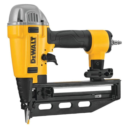 Side view of the DEWALT DWFP71917 pneumatic 16‑gauge finish nailer with straight magazine, showing the Precision Point nose, durable housing, and air‑powered connector designed for smooth, consistent fastening in trim and finish carpentry