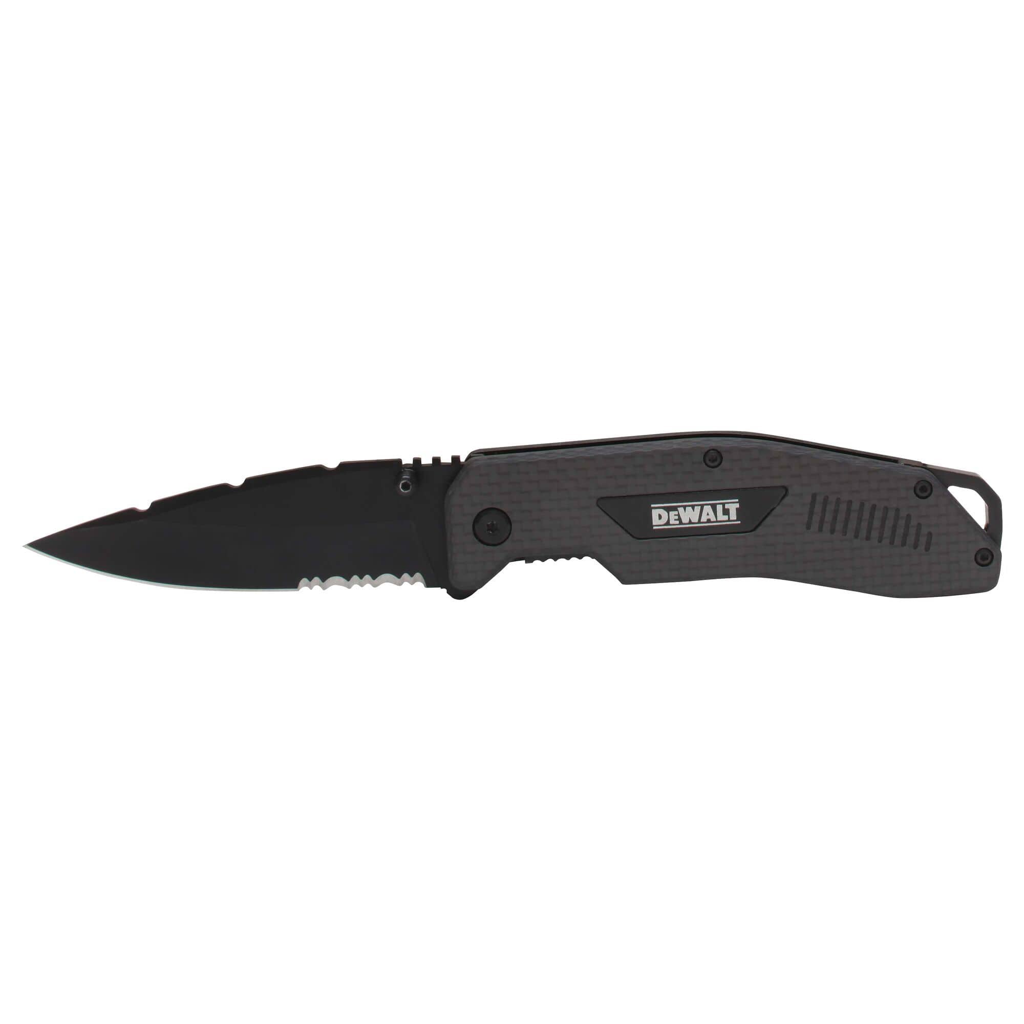 Full profile of the DEWALT DWHT10314 folding pocket knife featuring a black 8CR13MOV steel blade and a lightweight checkered carbon fiber handle.