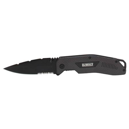Full profile of the DEWALT DWHT10314 folding pocket knife featuring a black 8CR13MOV steel blade and a lightweight checkered carbon fiber handle.