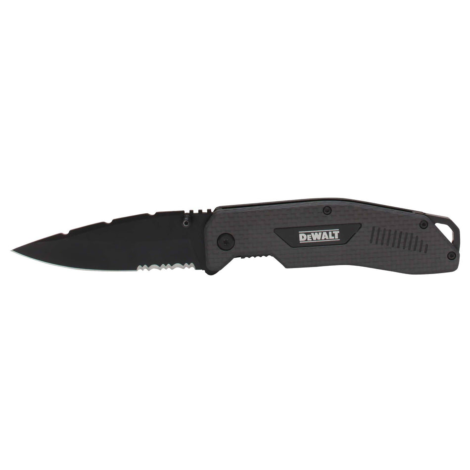 Full profile of the DEWALT DWHT10314 folding pocket knife featuring a black 8CR13MOV steel blade and a lightweight checkered carbon fiber handle.