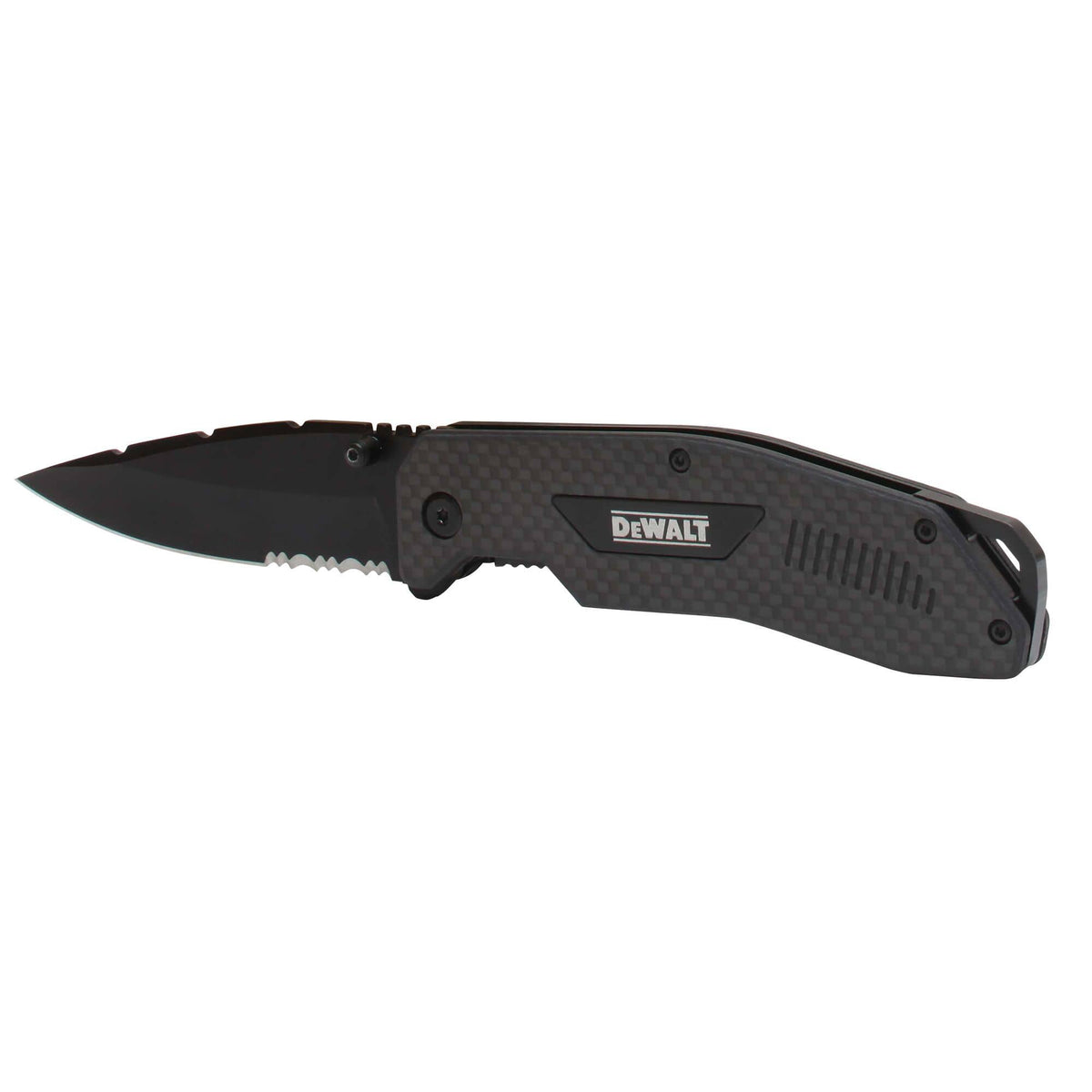 Angled view of the DEWALT carbon fiber folding knife highlighting the thumb stud for easy opening and the partially serrated edge for versatile jobsite cutting.