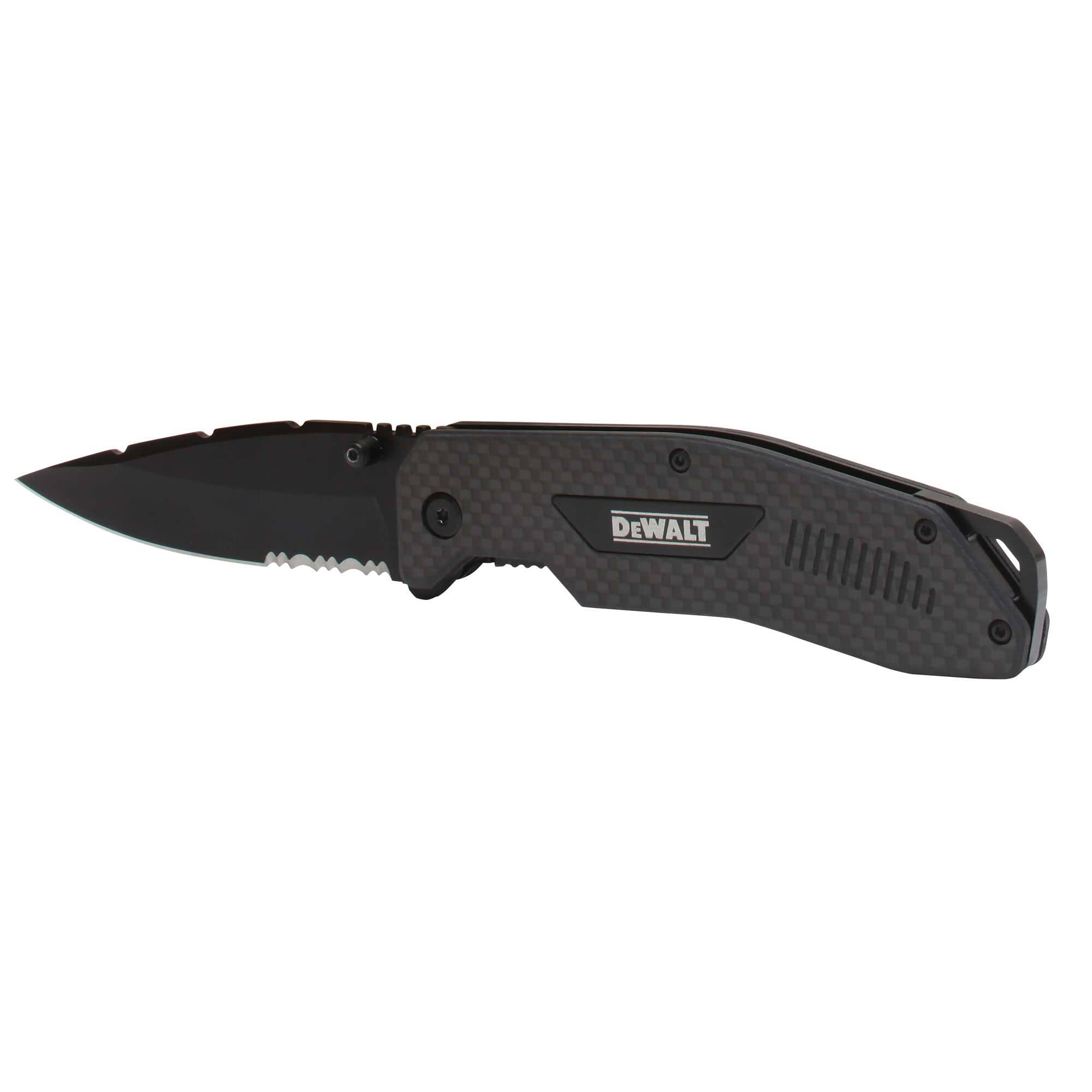 Angled view of the DEWALT carbon fiber folding knife highlighting the thumb stud for easy opening and the partially serrated edge for versatile jobsite cutting.