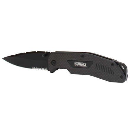 Angled view of the DEWALT carbon fiber folding knife highlighting the thumb stud for easy opening and the partially serrated edge for versatile jobsite cutting.