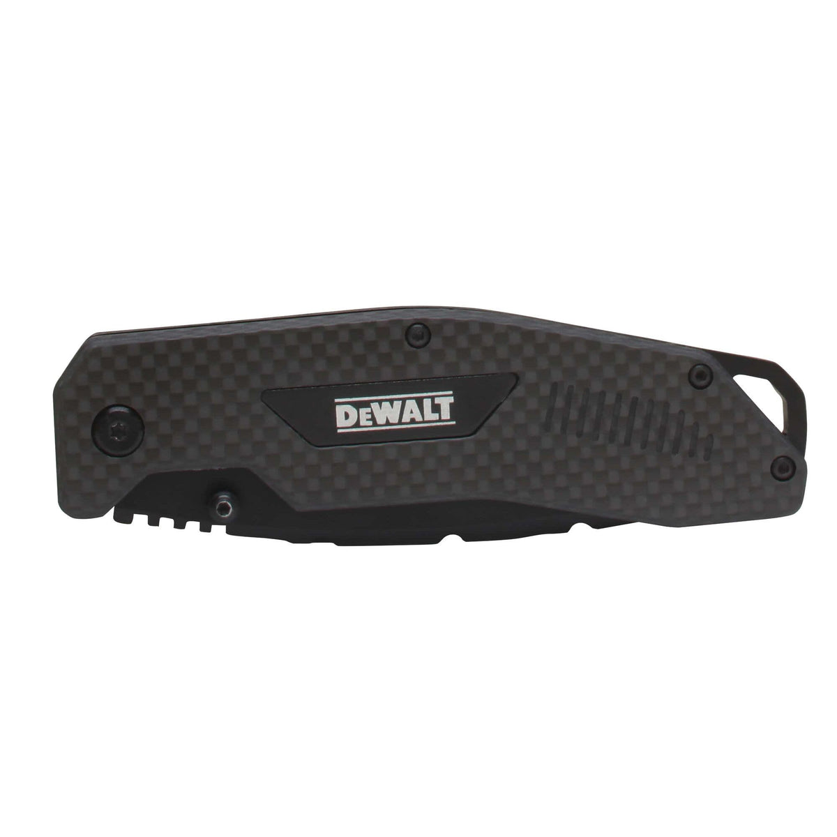 Profile of the DEWALT carbon fiber folding knife in its closed position, showcasing the compact 4.5 inch handle and integrated lanyard hole for easy transport.