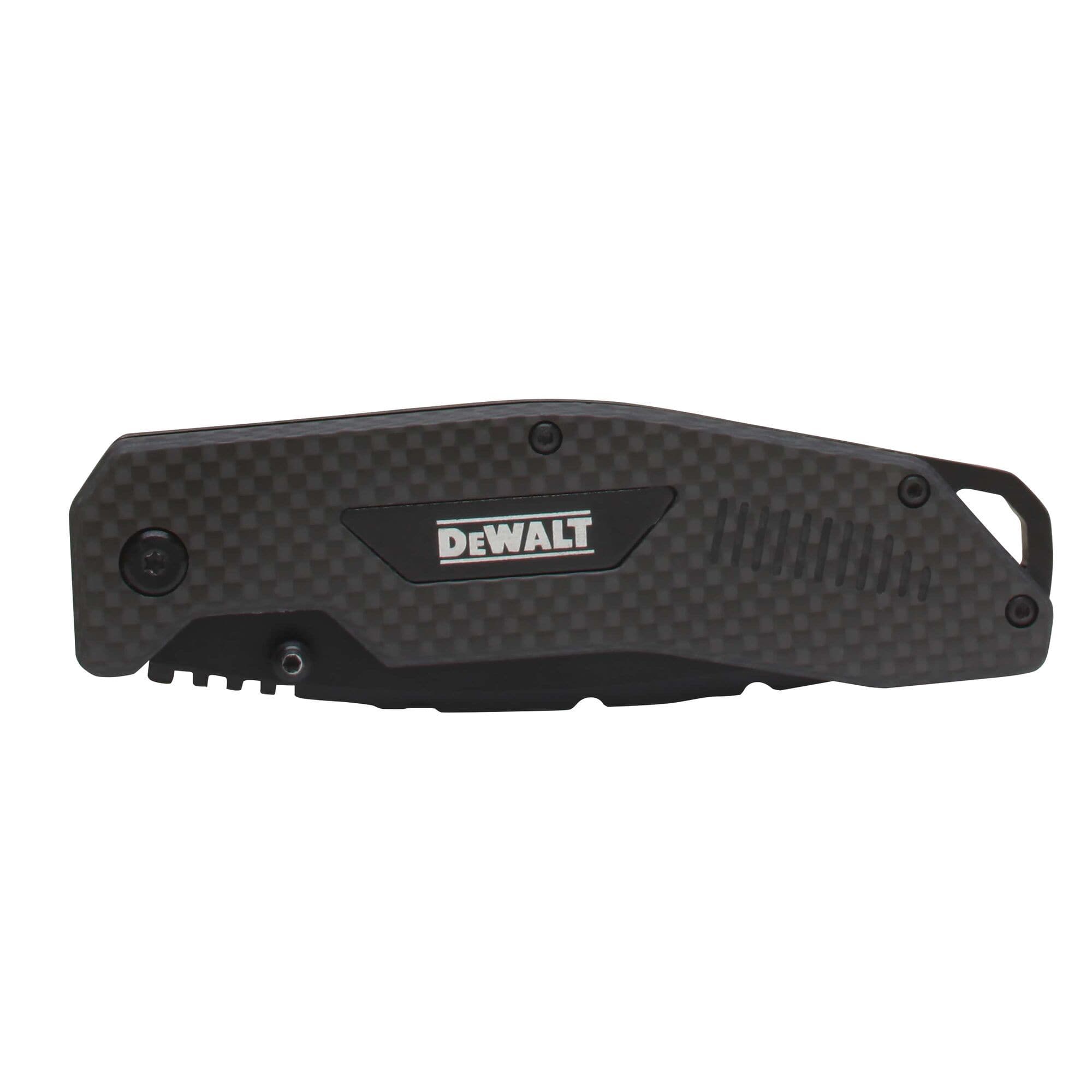 Profile of the DEWALT carbon fiber folding knife in its closed position, showcasing the compact 4.5 inch handle and integrated lanyard hole for easy transport.