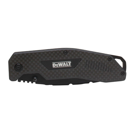 Profile of the DEWALT carbon fiber folding knife in its closed position, showcasing the compact 4.5 inch handle and integrated lanyard hole for easy transport.