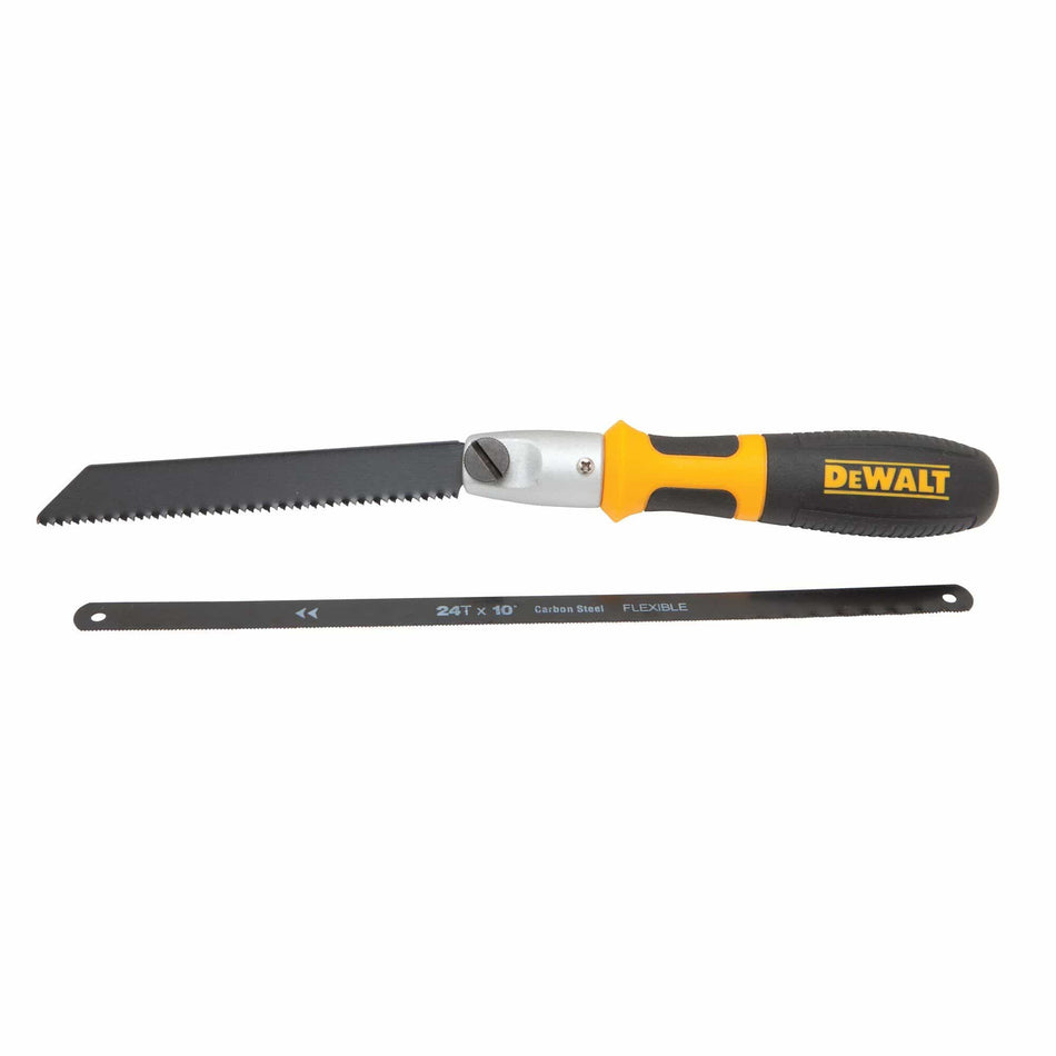 The DEWALT DWHT20542 cushion grip multi-saw handle shown with an attached reciprocating saw blade and an included 10-inch 24 TPI flexible carbon steel hacksaw blade.