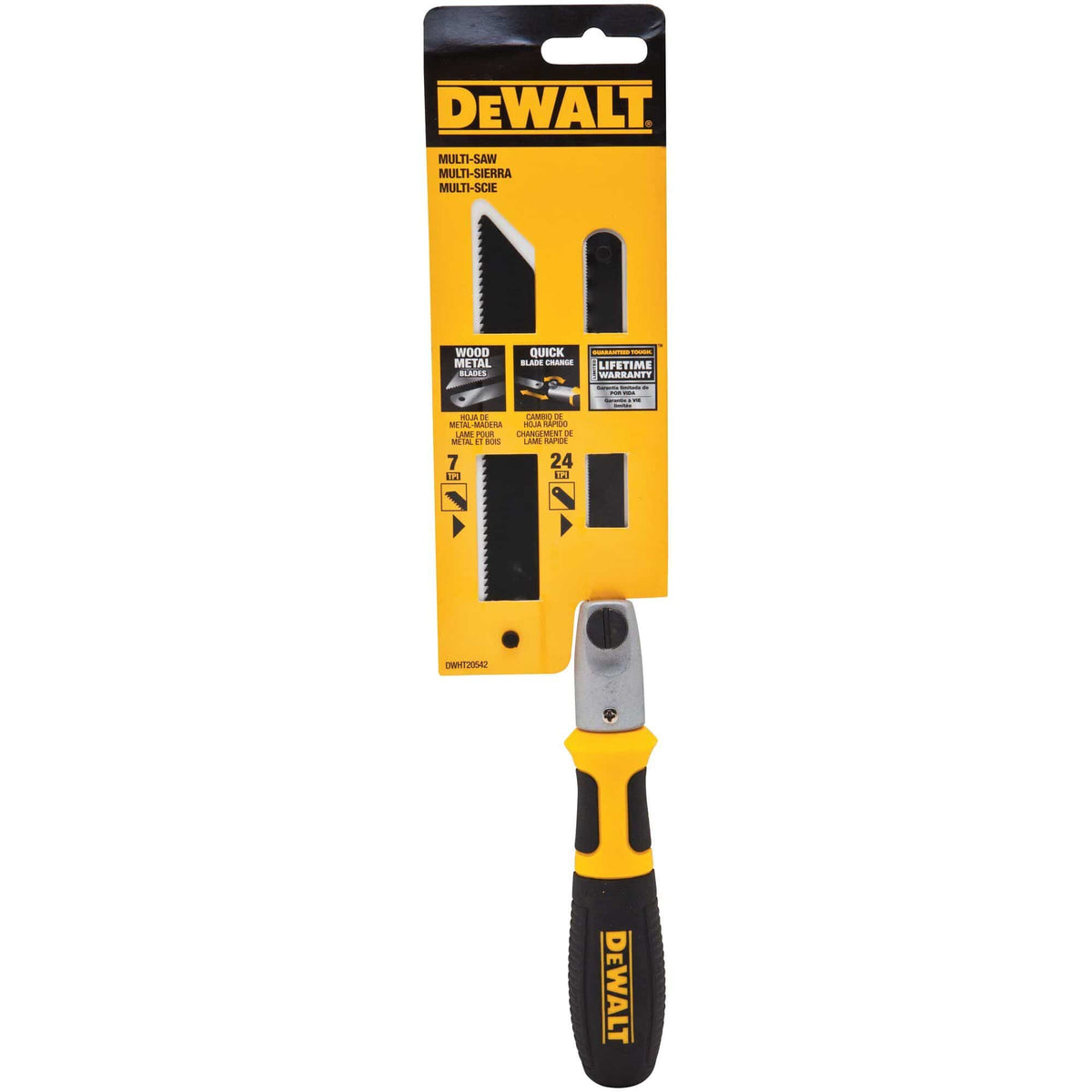 The DEWALT DWHT20542 multi-saw in its original retail packaging, showcasing the included 7 TPI wood and metal reciprocating blade and 24 TPI hacksaw blade with lifetime warranty information.