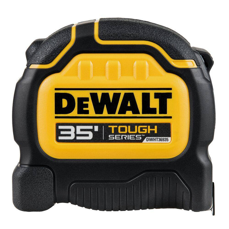 Close-up action shot of the DEWALT ToughSeries tape measure hook featuring Rip-Shield coating and double-sided blade printing for improved readability and durability on the jobsite.