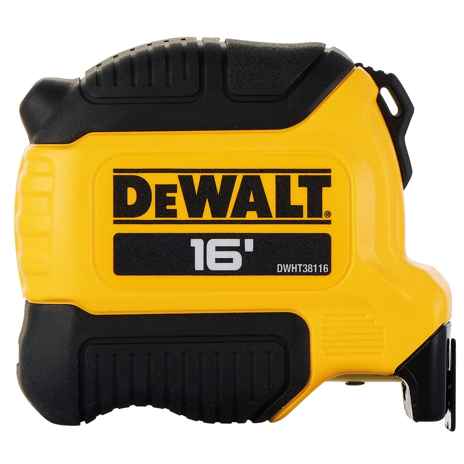 Side view of the yellow and black DEWALT DWHT38116S 16-foot tape measure case, showcasing the compact ATOMIC series housing and bold 16' branding.