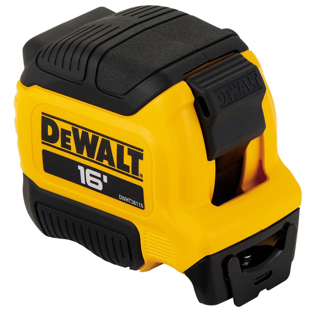 Perspective view of the DEWALT 16' ATOMIC tape measure, highlighting the rugged overmolded grip, integrated finger brake, and durable black locking mechanism.