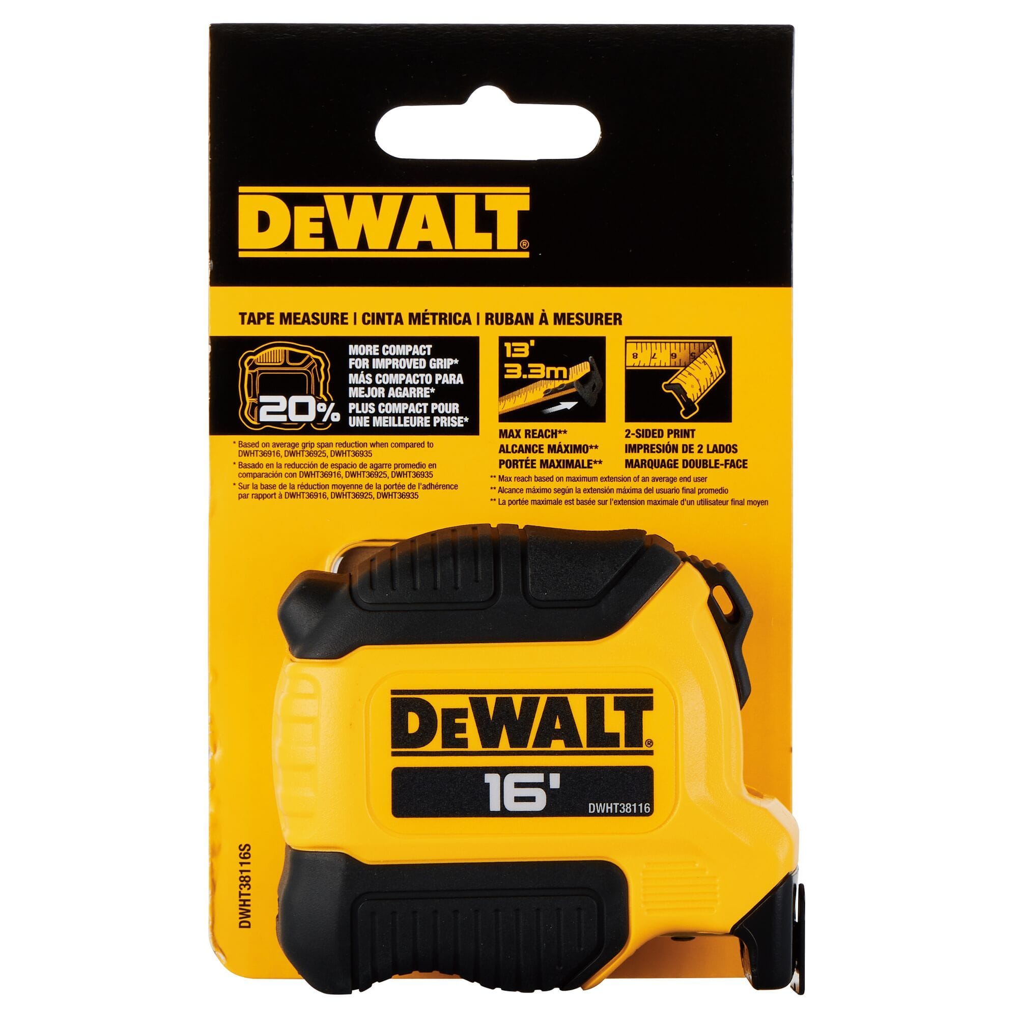 The DEWALT DWHT38116S Tape Measure in its original retail packaging, highlighting key features like the 20% more compact design, 13-foot max reach, and 2-sided blade print.