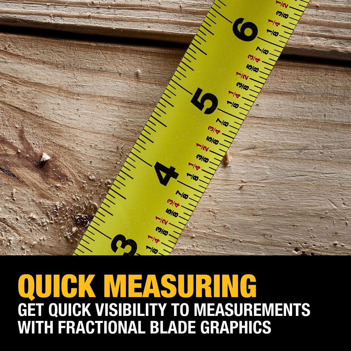 Macro view of the DEWALT tape measure steel blade resting on wood, showcasing the clear fractional markings and easy-to-read numbers for precise woodworking measurements.