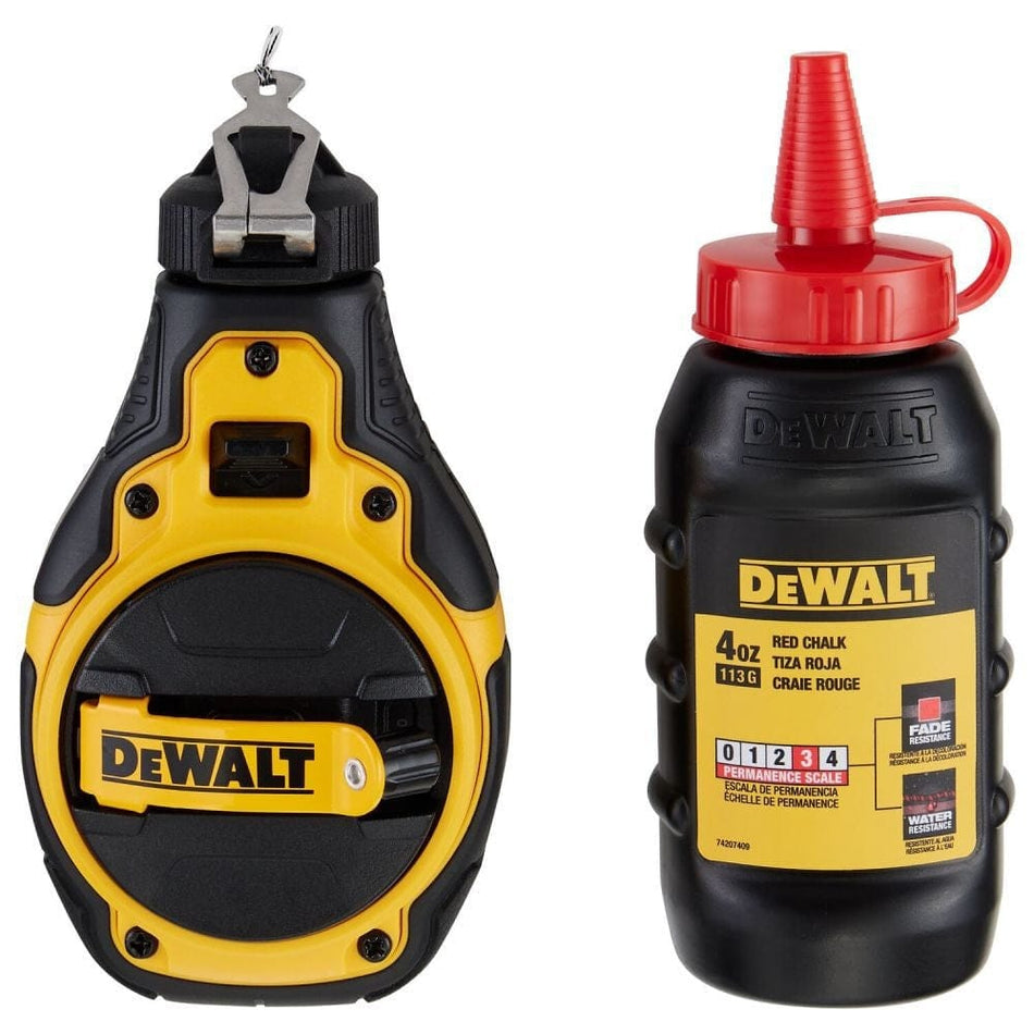 A direct front view of the DEWALT 100-foot chalk reel featuring a yellow and black rubber overmolded case with a folding handle, shown next to a 4 oz. bottle of high-visibility red chalk.