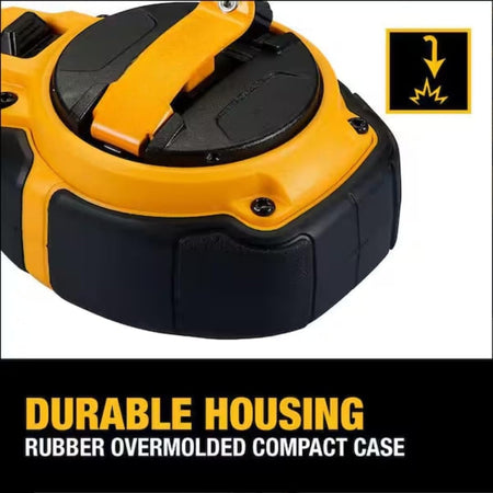 Informational graphic focusing on the durable housing, illustrating the textured rubber overmold on the compact yellow case designed for slip resistance and drop protection.