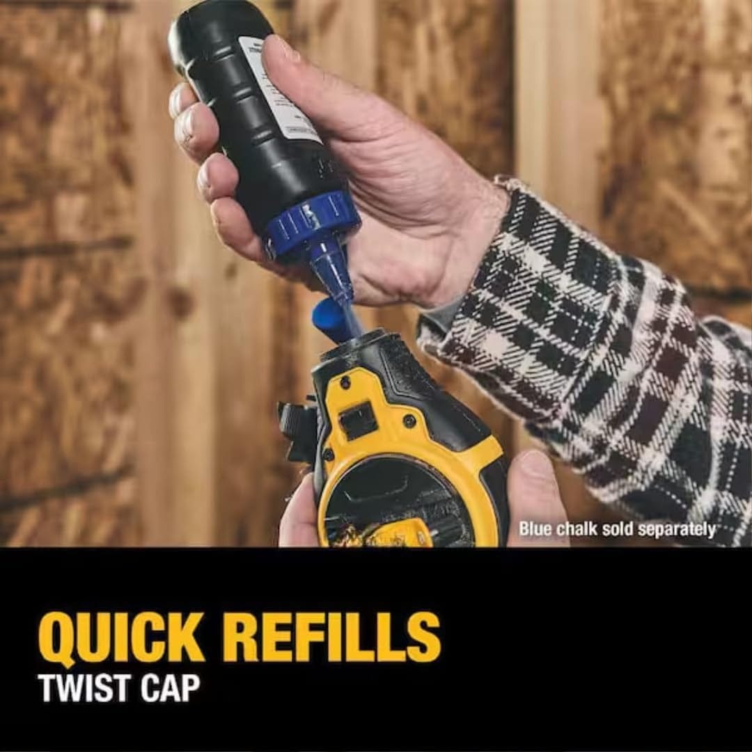 Action shot showing a professional performing a quick refill by twisting off the blue cap and pouring chalk into the top of the ergonomic reel housing.