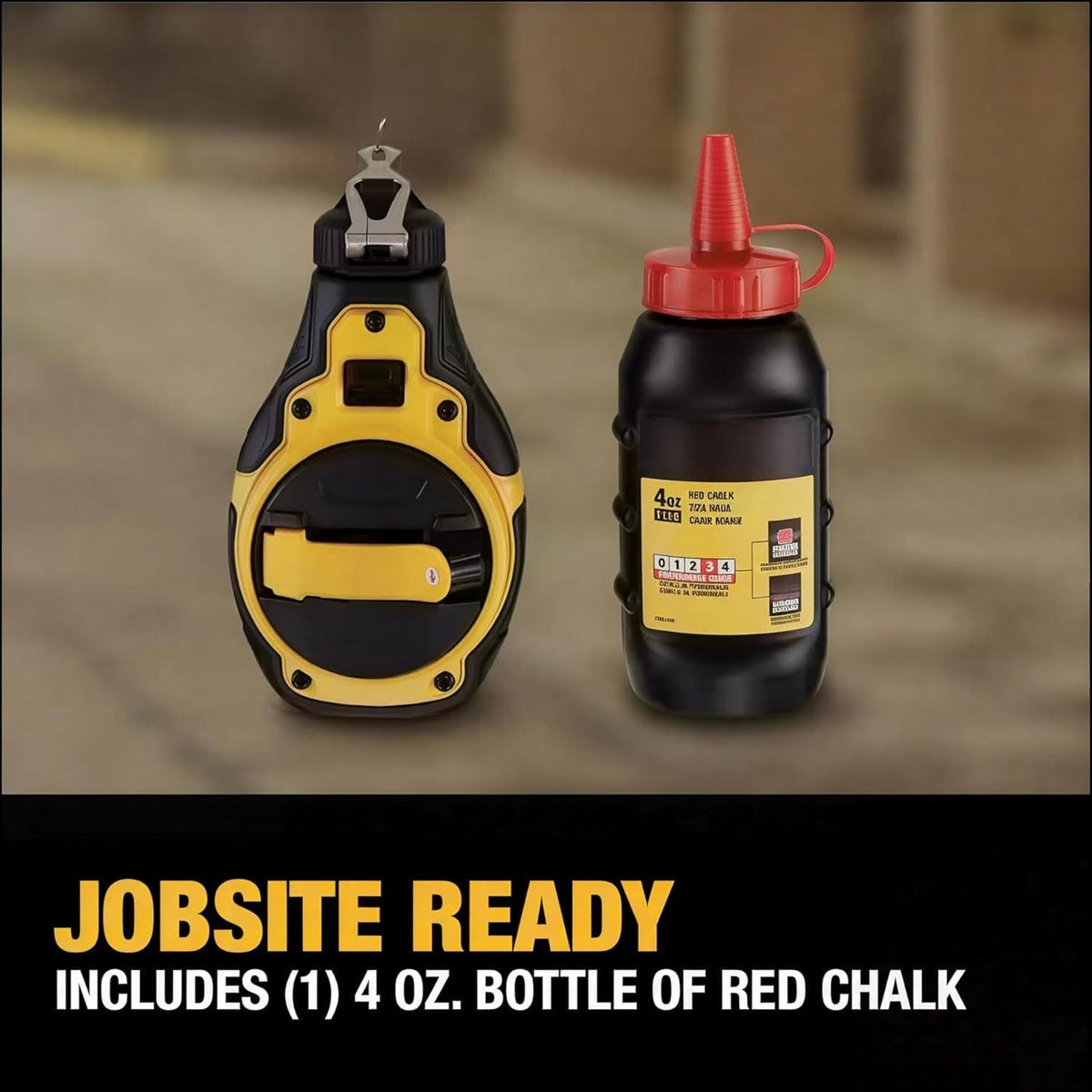 An informational graphic titled Jobsite Ready, showing the complete layout kit which includes one 100-foot bi-material chalk reel and one 4 oz. bottle of red chalk.