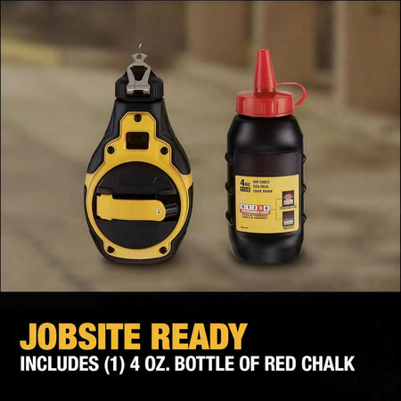 An informational graphic titled Jobsite Ready, showing the complete layout kit which includes one 100-foot bi-material chalk reel and one 4 oz. bottle of red chalk.