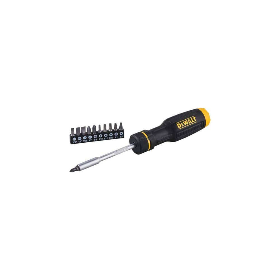 A perspective studio shot of the DEWALT DWHT68002 MAXFIT ratcheting multi-bit screwdriver, showcasing the ergonomic bi-material yellow and black handle, the high-torque knurled metal ratchet, and a chrome-plated bit driver shaft.
