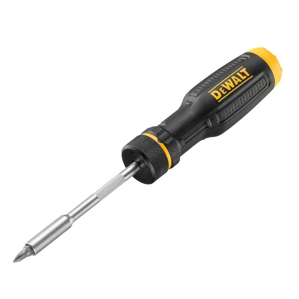 Close-up of the DEWALT MAXFIT screwdriver handle with the end cap opened, demonstrating the integrated internal storage compartment that securely holds multiple interchangeable fastener bits for professional jobsite convenience.