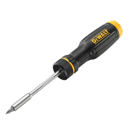 Close-up of the DEWALT MAXFIT screwdriver handle with the end cap opened, demonstrating the integrated internal storage compartment that securely holds multiple interchangeable fastener bits for professional jobsite convenience.